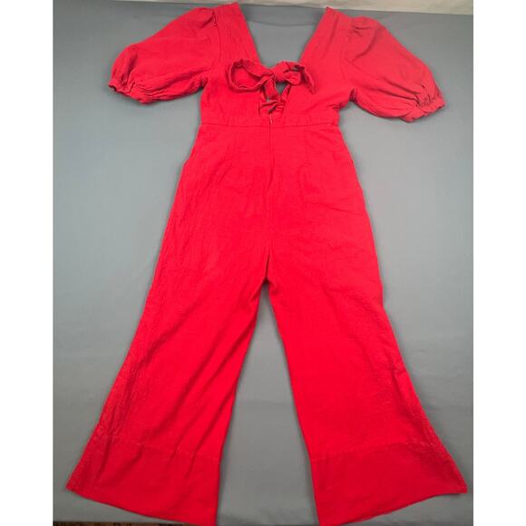 Mulla Red Linen Jumpsuit | Puff Sleeves Deep V Tie Back | Size M - Picture 2 of 10